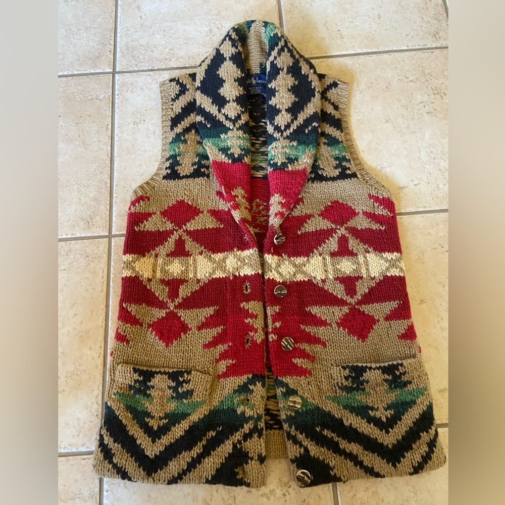 Vintage Ralph Lauren Southwestern wool Sweater Vest with shawl collar.